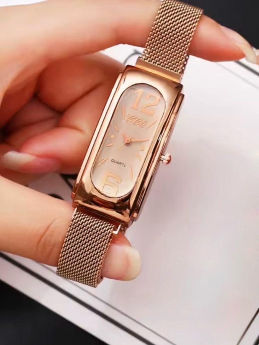 Women's Rose Gold Mesh Bracelet Watch - Elegant Rectangular Dial